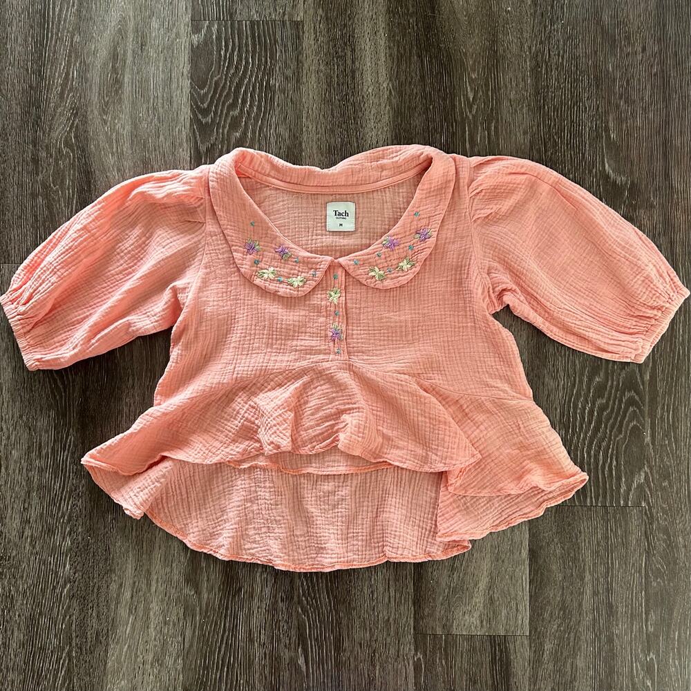 Tach Larina Embroidered Linen Cotton Top Puff Sleeve Peach Pink - Picture 8 of 16